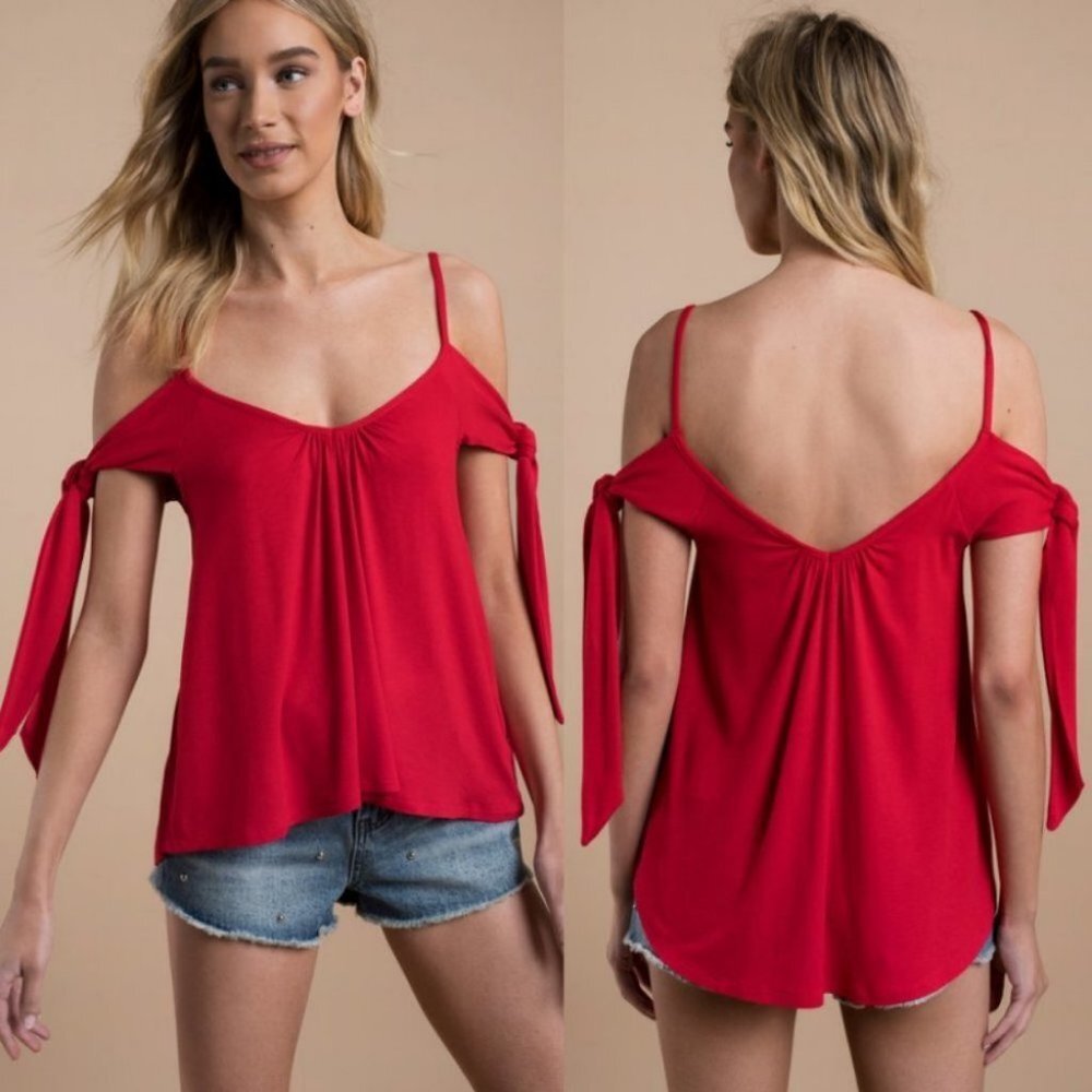 Free People Red Cold Shoulder Tank Top Believe Me Tie Sleeve Stretch Bohemian S